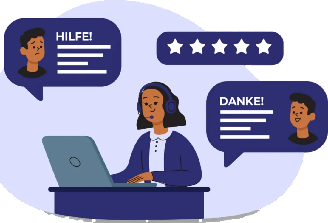 Illustration: eine Dolmetscherin am Laptop zwischen einer Sprechblase „Hilfe!“ und einer Sprechblase „Danke!“, dazu eine Fünf-Sterne-Bewertung