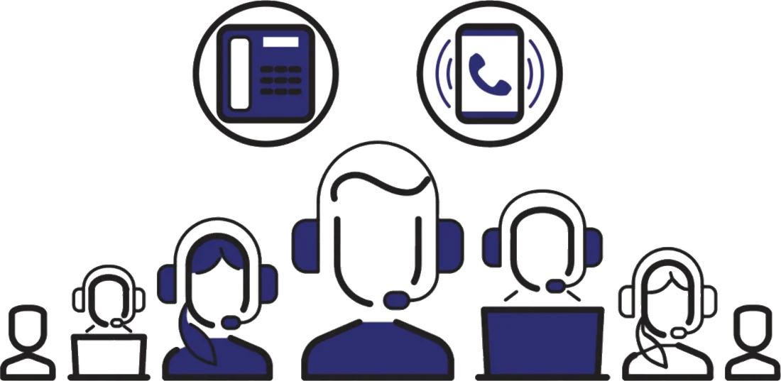 Illustration: ein Team von Dolmetschern mit Headsets neben einem Tischtelefon und einem Smartphone